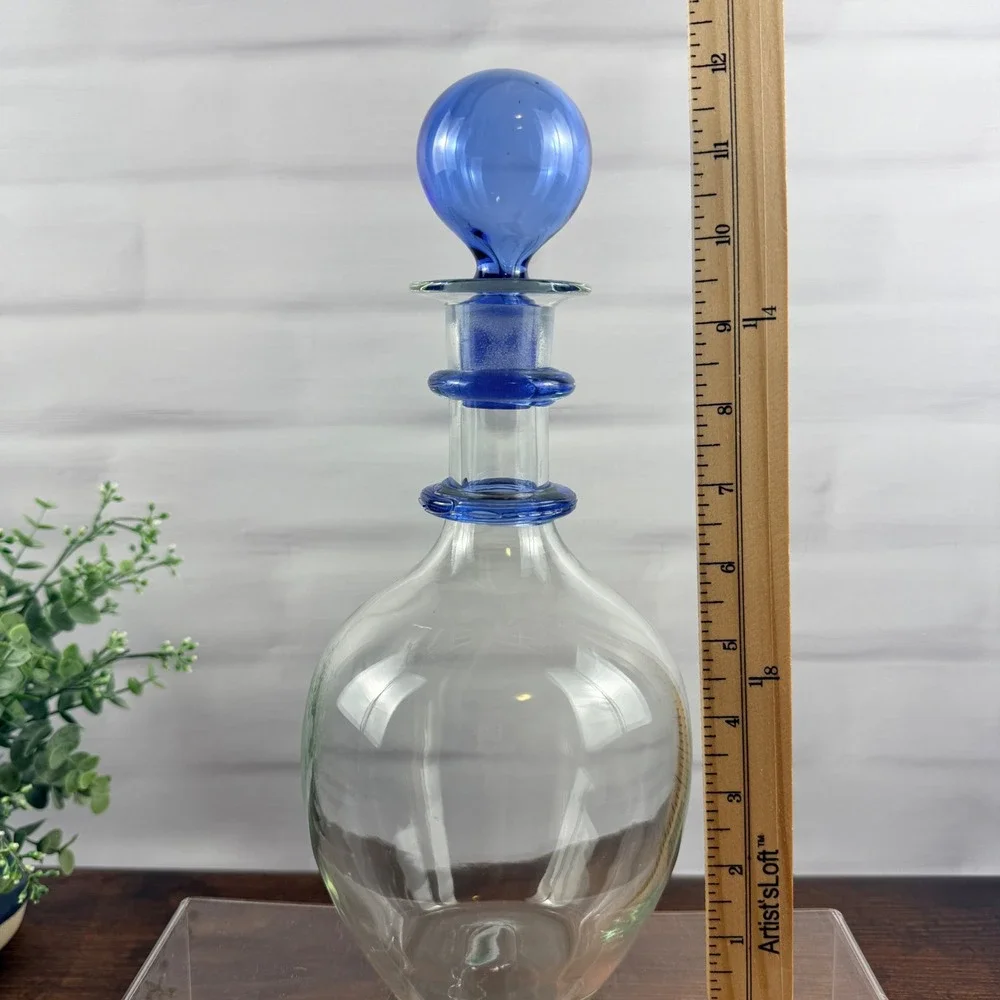 Blenko 3751D Ring Decanter Sky Blue Crystal Glass Ball Stopper
